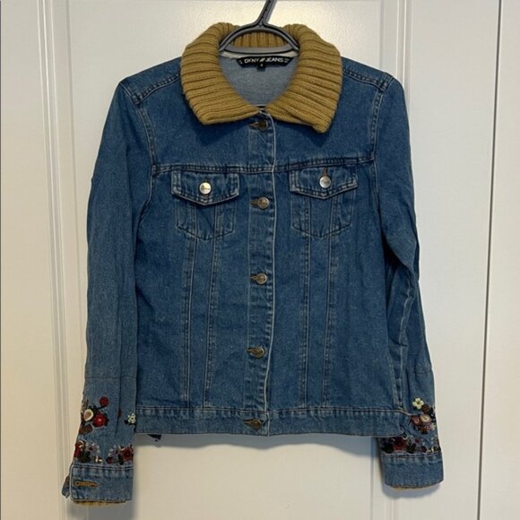 DKNY Blue Denim Jacket with Tan Collar and Embroidery - Picture 1 of 7